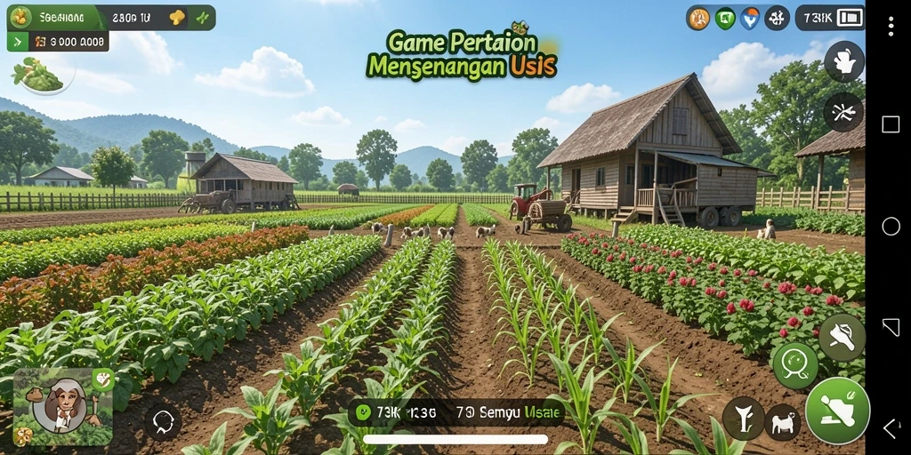 Screenshot gameplay <strong>73K</strong> yang menunjukkan aktivitas bertani yang menyenangkan.