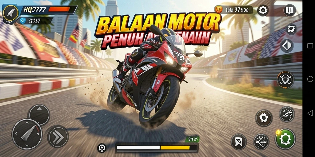 Menampilkan aksi balapan motor yang cepat dan mendebarkan.