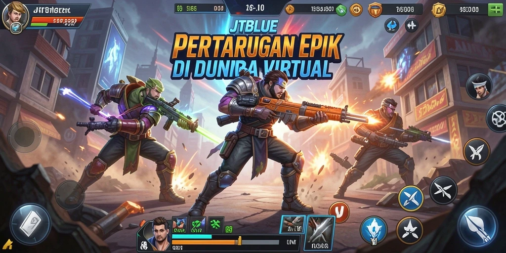 Tangkapan layar utama JTBLUE menampilkan aksi pertarungan yang mendebarkan.