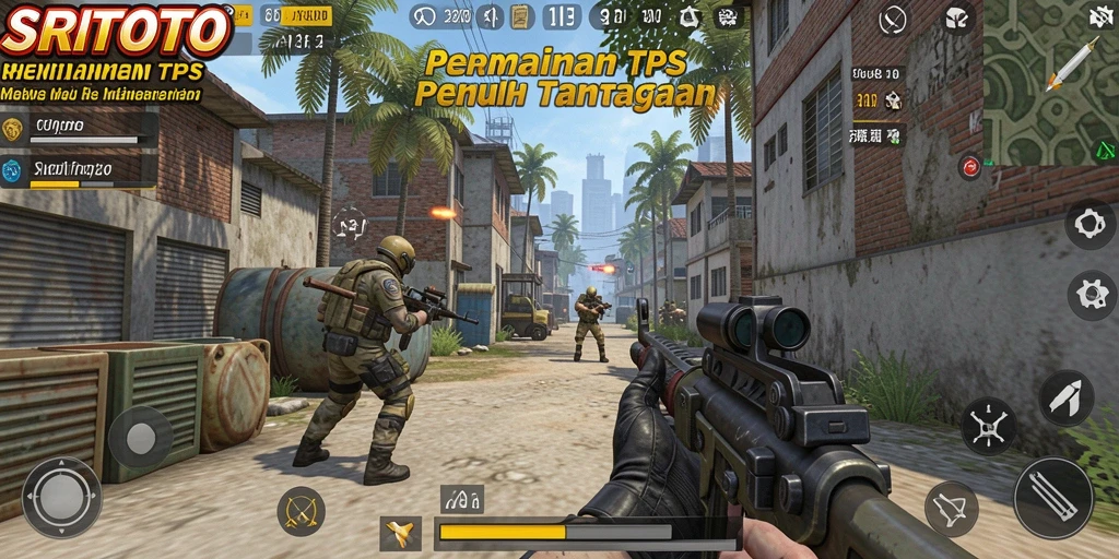 Tangkapan layar gameplay SRITOTO menampilkan aksi seru dalam pertempuran TPS.