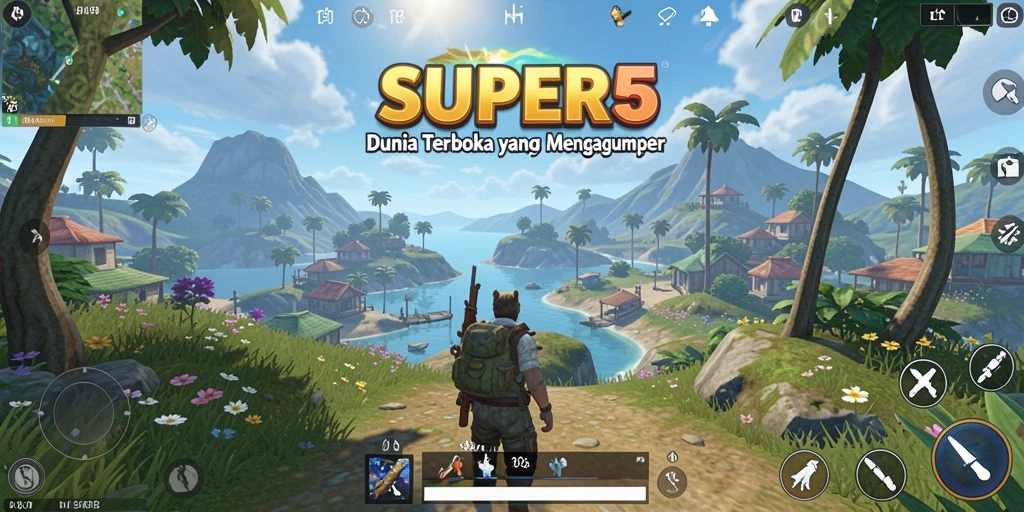 Screenshot SUPER5 menampilkan petualangan di dunia terbuka.